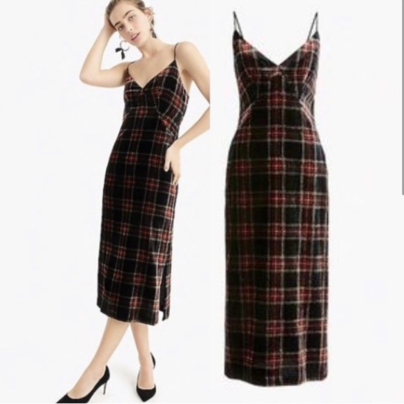 J CREW Tartan Plaid Velvet Midi Slit Slip Dress - Picture 2 of 9